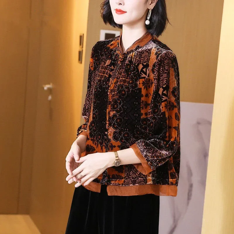 

Vintage Autumn New Women Golden Velvet Stand Collar Printing Single Breasted Fashion Elegant 3/4 Sleeve Shirts Tops ZT323