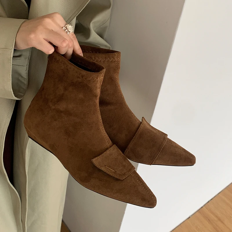 

Elegant Flats Women Boots Pointed Toe Shoes Sexy Ankle Boots Woman 2025 Winter Brand Suede Shoes Zip Snow Boots Mujer Zapatos