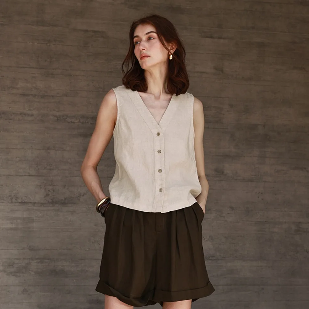 Women Old Money Linen V-Neck Sleeveless Vest Relaxed Fit Casual Soft Breathable Flattering Daily Comfy New