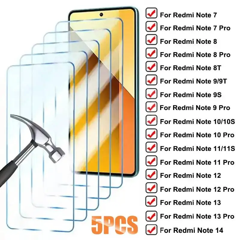 

5Pcs Tempered for Xiaomi 13 12 5G Screen Protector For Redmi Note 11 10 9 8 14 7 Pro 8T 9T 9S 10S 11S Glass