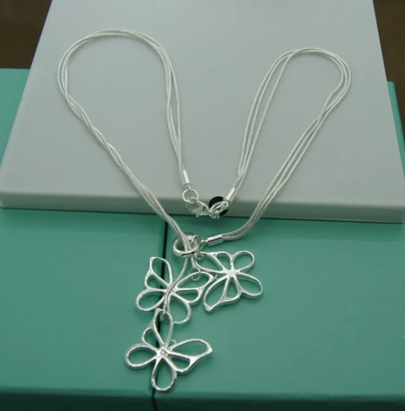 

925 Sterling Silver Exquisite Three Butterfly Pendant Snake Bone Necklace For Woman Christmas Valentine's Day Charm Jewelry Gift