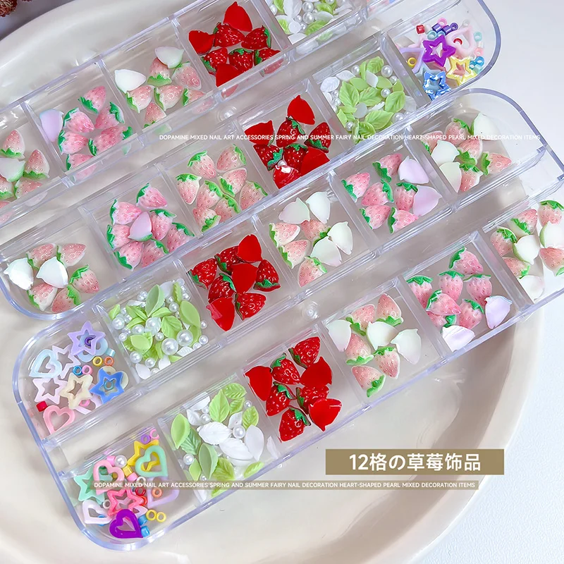 12 Grids Dopamine Gradient Strawberry Nail Charms Mixed Cartoon Resin Imitation Fruit Nail Art Supplies for DIY Nails