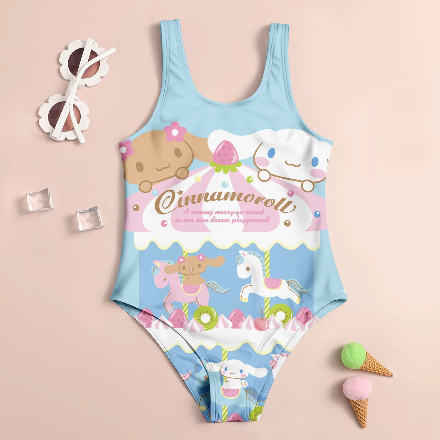 2024 MINISO New Girl Summer One-Piece Swimsuit Fashion Cartoon Cute Hellokitty Print Women Swimwear Sleeveless Swim Clothing