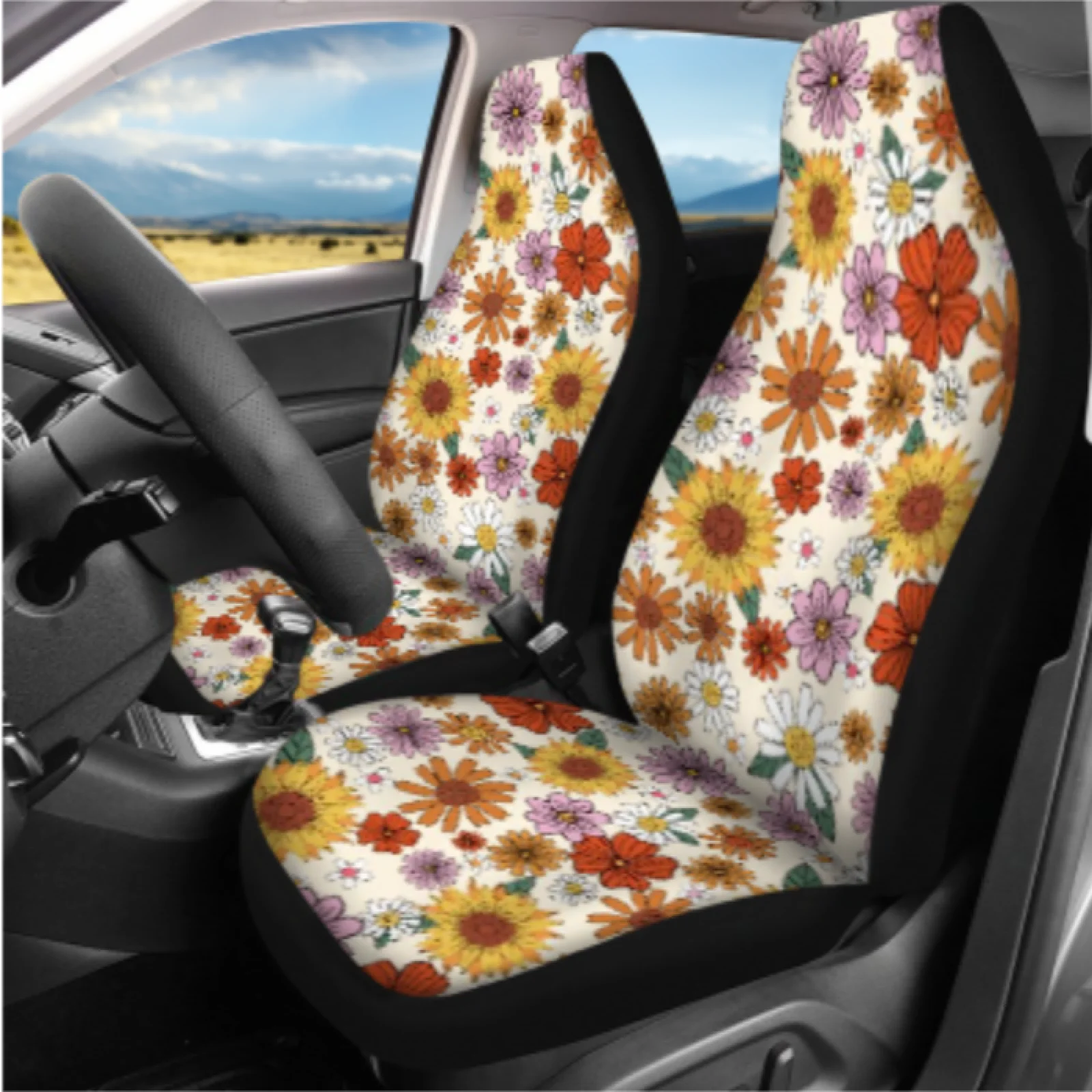 Coloranimal Wildflower Pattern 14 Pcs Car Seat Covers Set with Breathable Cars Headrest Cover and Car Cup Holder Mat