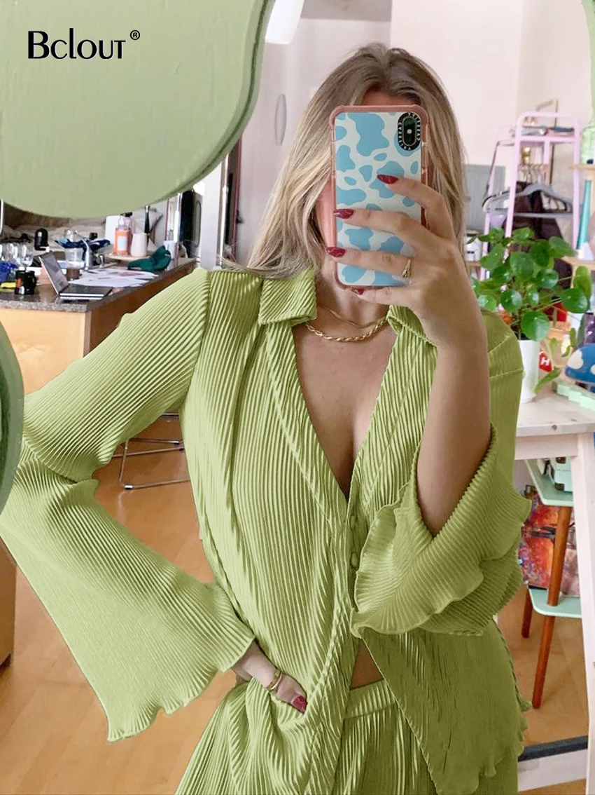 Bclout Autumn Green Pants Suits Women Fashion Flare Sleeve Loose Shirts Casual Pleated Pants Set Two Pieces Womens Outfits 2022