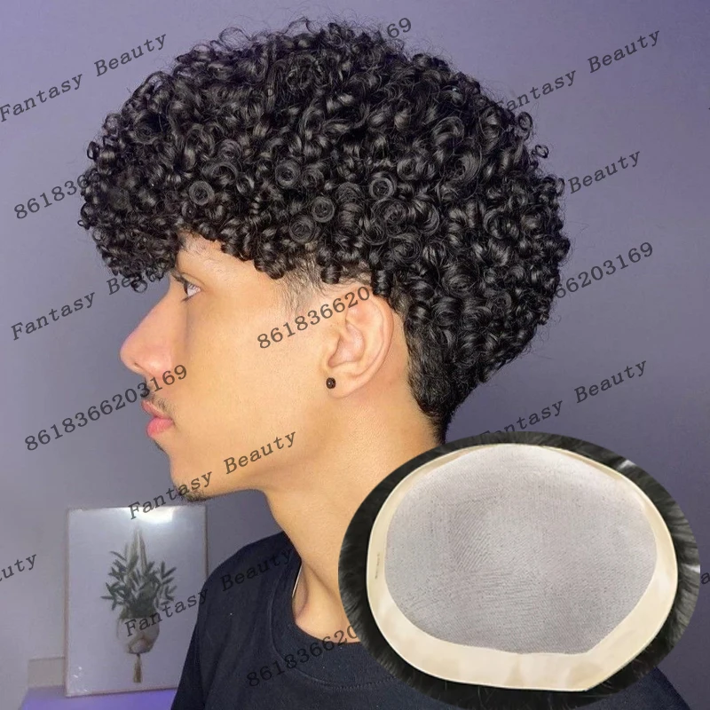 Undetectable 12mm/15mm Curly 100% Human Hair Man's Wigs 120Density Strong Top Mono Mesh Base Men Toupee Durable Brown Hairpieces