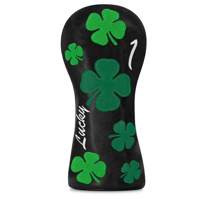 Deep Black Four-Leaf Clover Golf Putter Head Cover - Lucky Charm Design with Green Clovers & White Four-Leaf Clover image 2