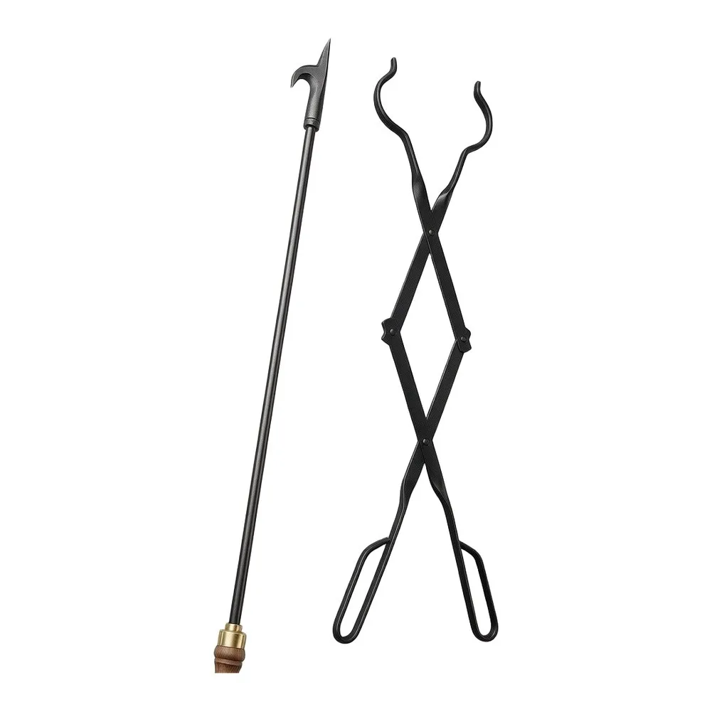 Fireplace Poker with Matching For Tongs Set Made from Heat Resistant Alloy 45x15x5cm Black for Indoor Fireplaces