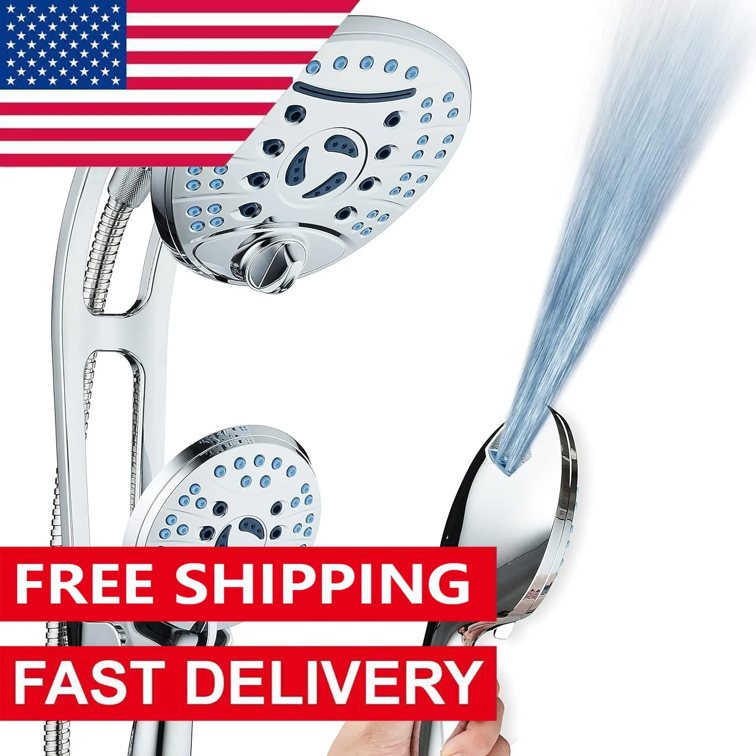 High Pressure Handheld/Rain 80-mode 3-way Shower Head Combo with Adjustable Arm - Anti-clog Nozzles, 6 ft. Stainless Steel Hose