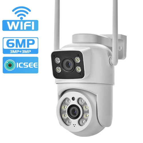 Cámara WiFi de 6MP PTZ pantallas duales seguimiento automático visión nocturna cámara de vigilancia CCTV al aire libre cámara IP de seguridad de 4MP icsee