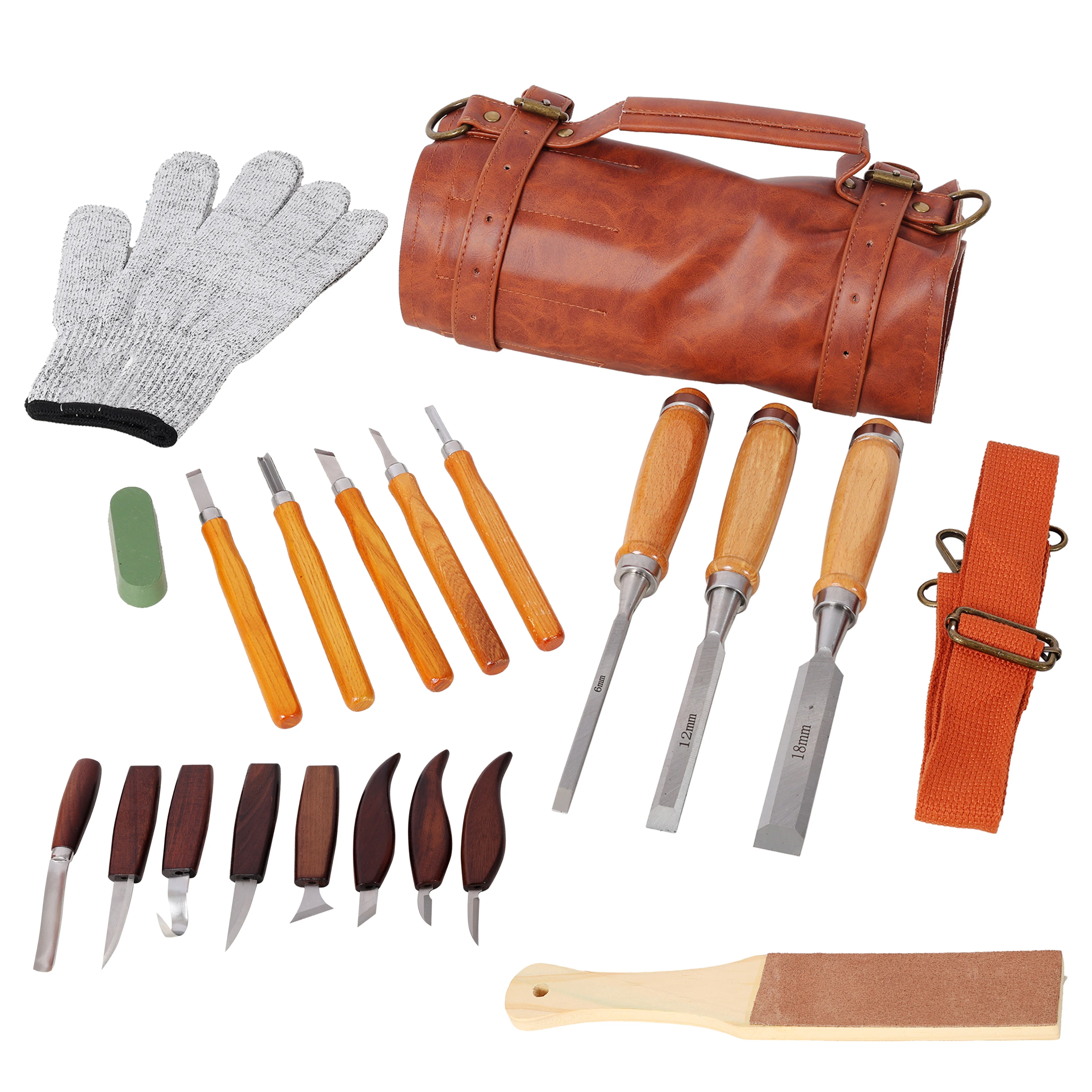 20Pcs Wood Carving Tools Set Whittling Kit with PU Leather Storage Roll Bag Wood Chisels Whittling Knives Detail Carving Knives for Beginners Hobbyists