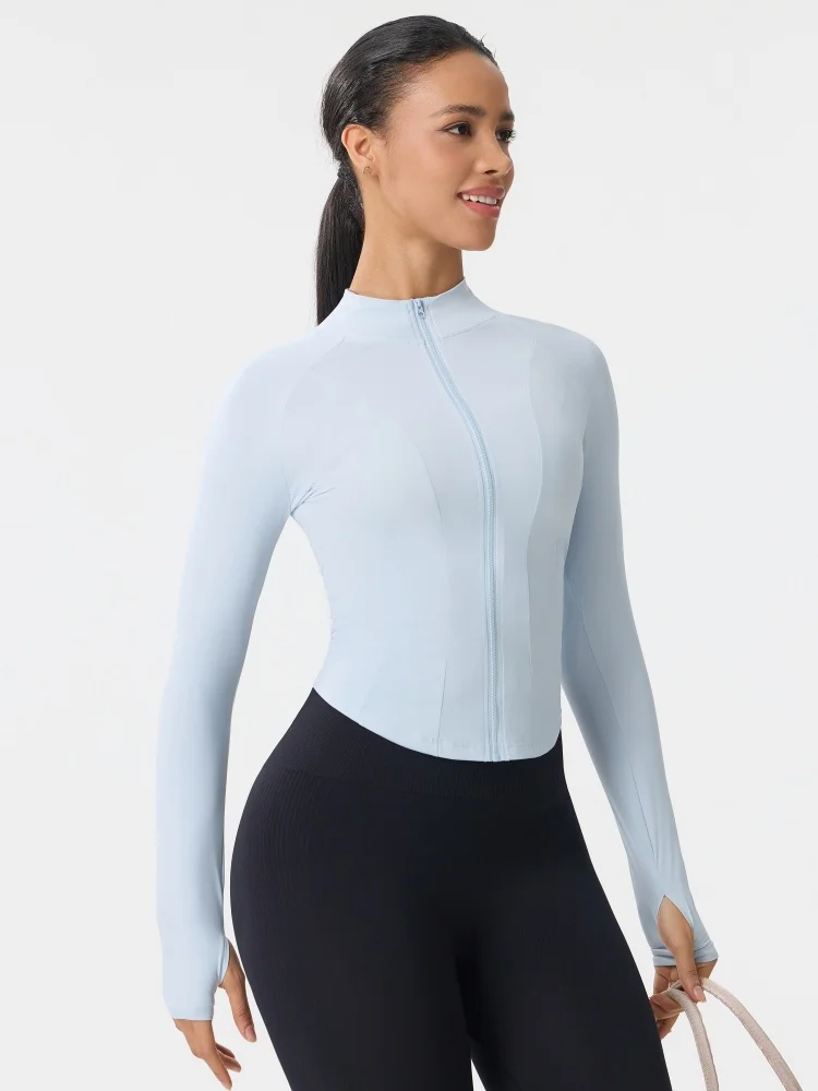 Women Stand Collar Full Zip Slim Fit Sports Jacket Soft Breathable Cropped Yoga Coat Thin Running Daily Workout Outerwear