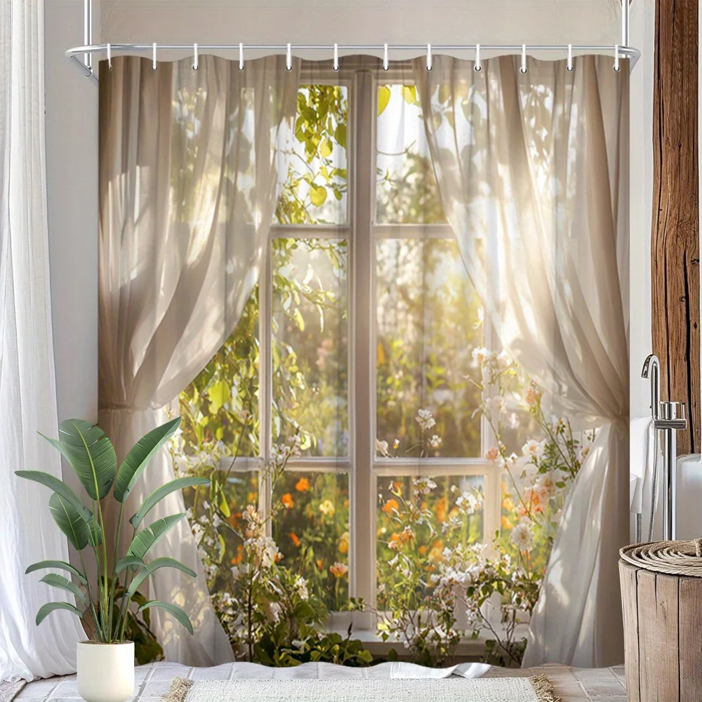 1pc Sunny Window Shower Curtain - Serene Garden View with White Frame, Flowing Polyester Fabric, 179.83x179.83 cm, Machine Washa