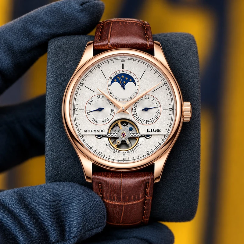 LIGE Men Watch Fashion Business Genuine Leather Automatic Watches for Men Waterproof Mechanical Wristwatch Relogio Masculino+BOX