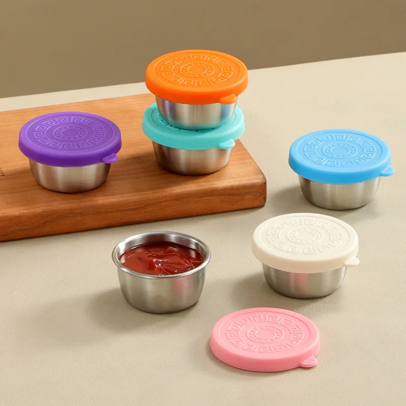 Tazas para salsa de inmersión de acero inoxidable a prueba de fugas, tapas elásticas de silicona, contenedores de alimentos, contenedor de aderezo para ensalada reutilizable, 2/6 Uds.