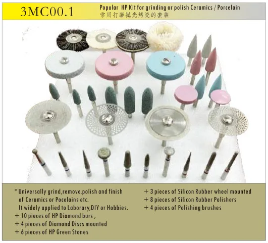 For HP Kit for Grinding and Polish Ceramics for Dental Laboratory Porcelain Finish Burs Brushes Discs Full Set