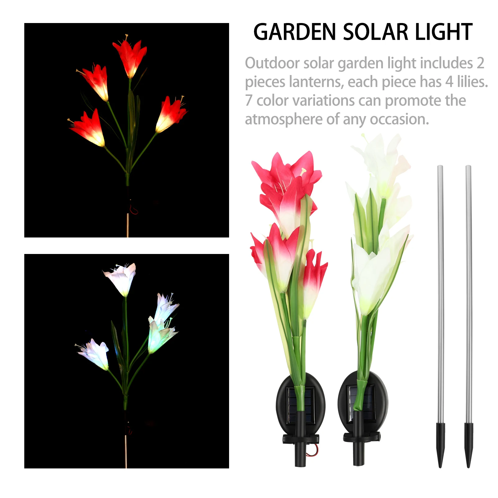 2 uds linterna Solar 4 flores de lirio luces alimentadas jardín al aire libre patio estaca insertar césped fiesta luz de suelo Solar