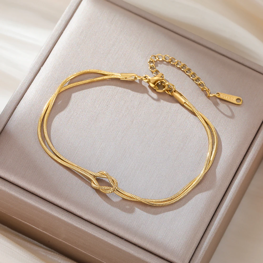 Skyrim-pulsera con nudo de amor para hombre y mujer, cadena doble de serpiente, pulseras ajustables de Color dorado de acero inoxidable, joyería minimalista para pareja