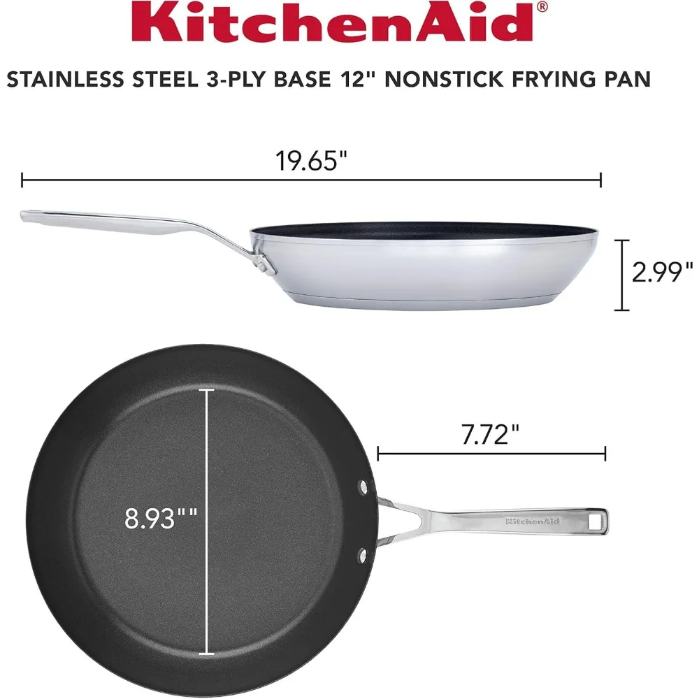 

12 Inch Stainless Steel Nonstick Frying Pan, 3-Ply Base for Even Heat, Dishwasher Safe & Oven Ready
