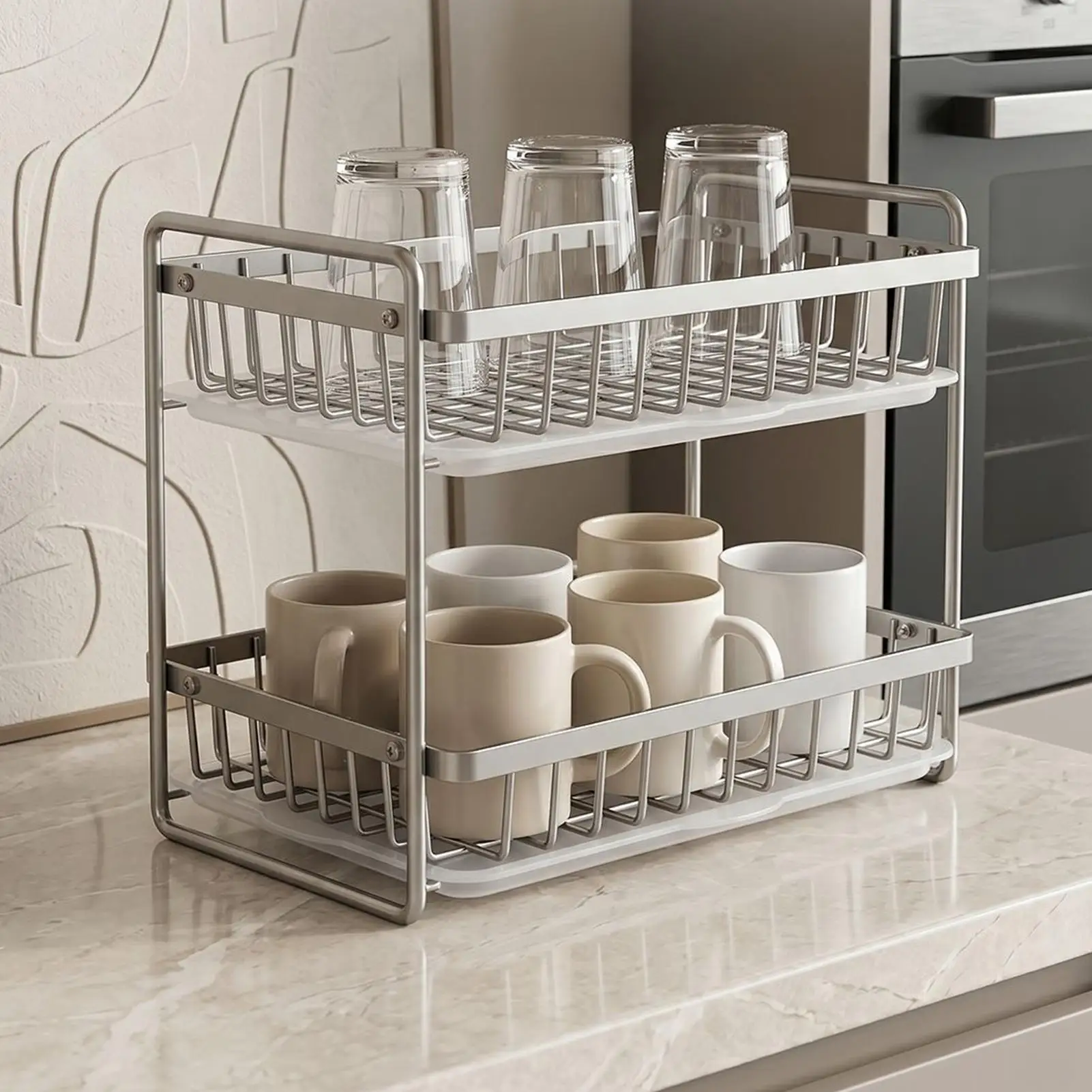 Cup Drying Rack Double-layer draining storage basket Dish Anti-Moisture Drying holder  for Tableware Plate kitchen desktop