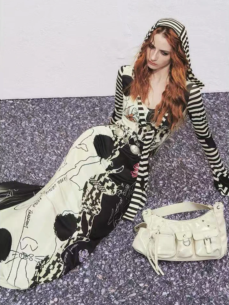 Y2K القوطية الشرير طباعة فستان بقلنسوة موضة الشارع الشهير سليم منتصف طول فستان هودي الأمريكية مخطط المرقعة Bodycon Vestidos