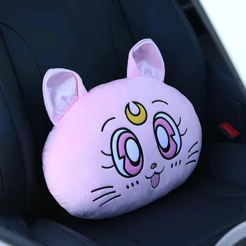 Cute Car Headrest Lumbar Pillow Cartoon Luna Cat Neck Pillow Kawaii Car Shoulder Pad Mirror Cover Pink/White/Blue Car Gadgets