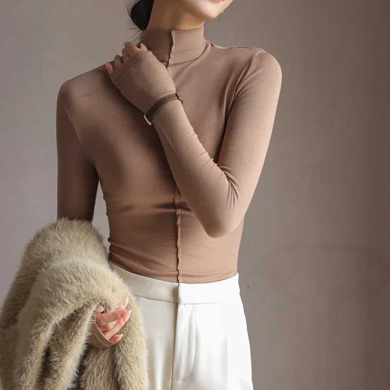 Cashmere silk protein autumn and winter modal half turtleneck bottoming shirt for women with long-sleeved slim fit top