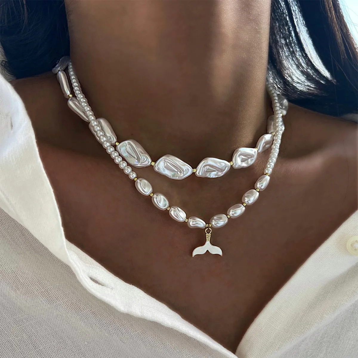 Boho Fish Tail Pendant Necklace 2026 Multi-Layer Sweet Opposite Sex Imitation Pearl Weaving Girl Fashion Vacation Jewelry