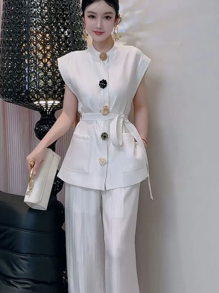 2025 Estate nuova moda sottile fascia alta leggera lusso industria pesante top camicia pantaloni casual dritti set per le donne