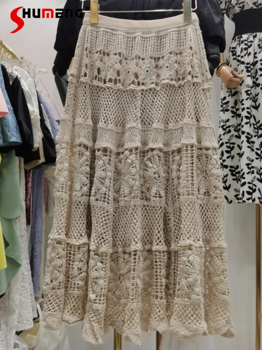 Elegant Palace Style Loose Lace Mid-Length Skirt for Women Early Autumn 2022 New Sexy Crocheted Hollow French Long Pleated Skirt