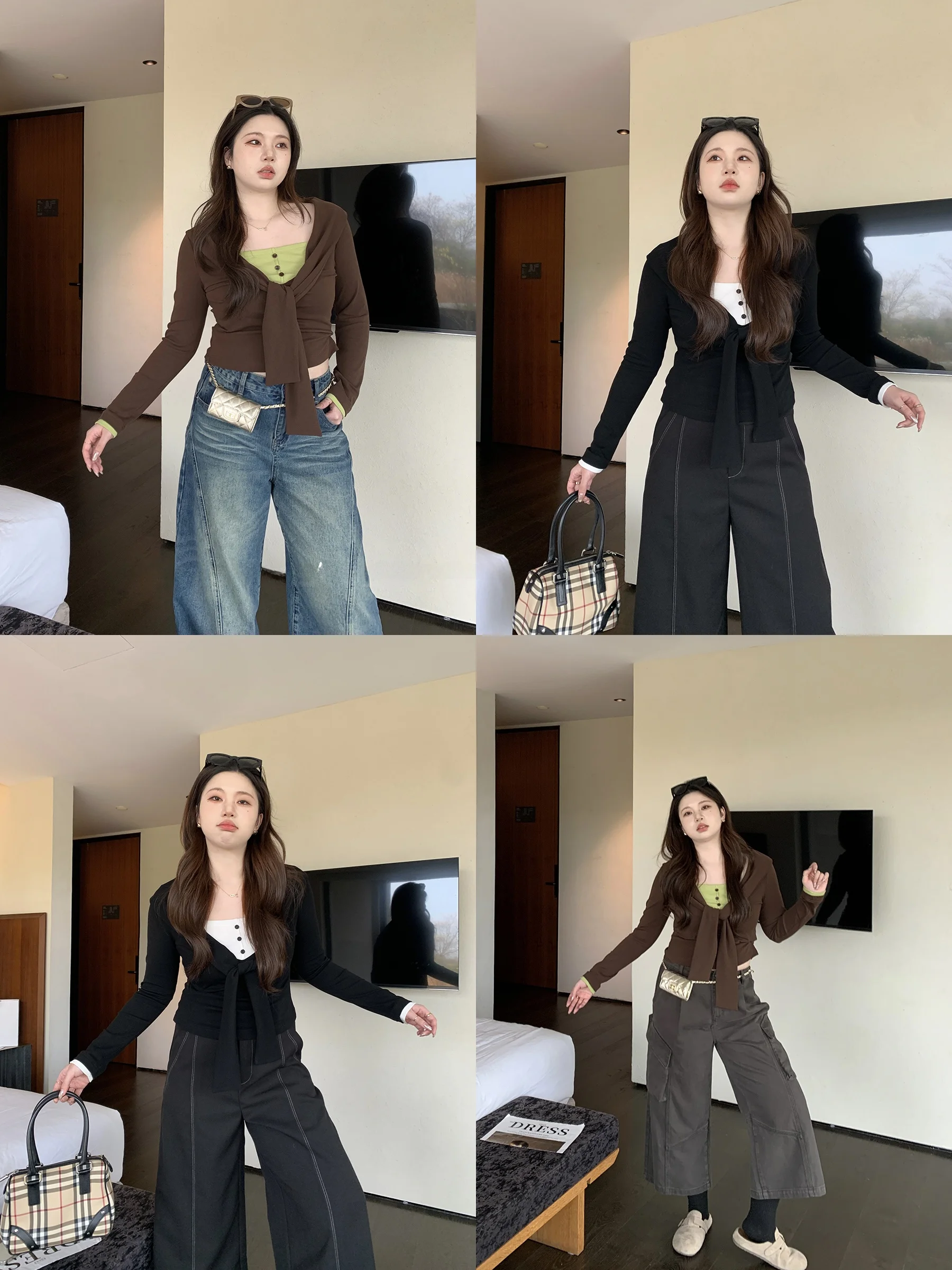 

Slimming Effect Micro plus Size Henry Collar T-irt Fake Two-Piece Color Blo Belt Base Layer Long Sve Cotton Blend Top