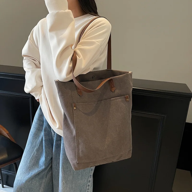 Wear-resistant canvas hand-held tote bag, vertical square waterproof large-capacity single-shoulder bag, commuter shopping bag