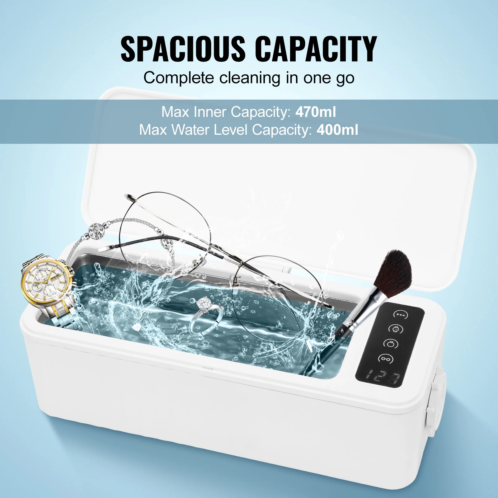 SucceBuy 200/450/650ml Portable Ultrasonic Cleaner Machine w/ Timer Modes Cleaning Basket for Eyeglasses Watches Dentures Rings