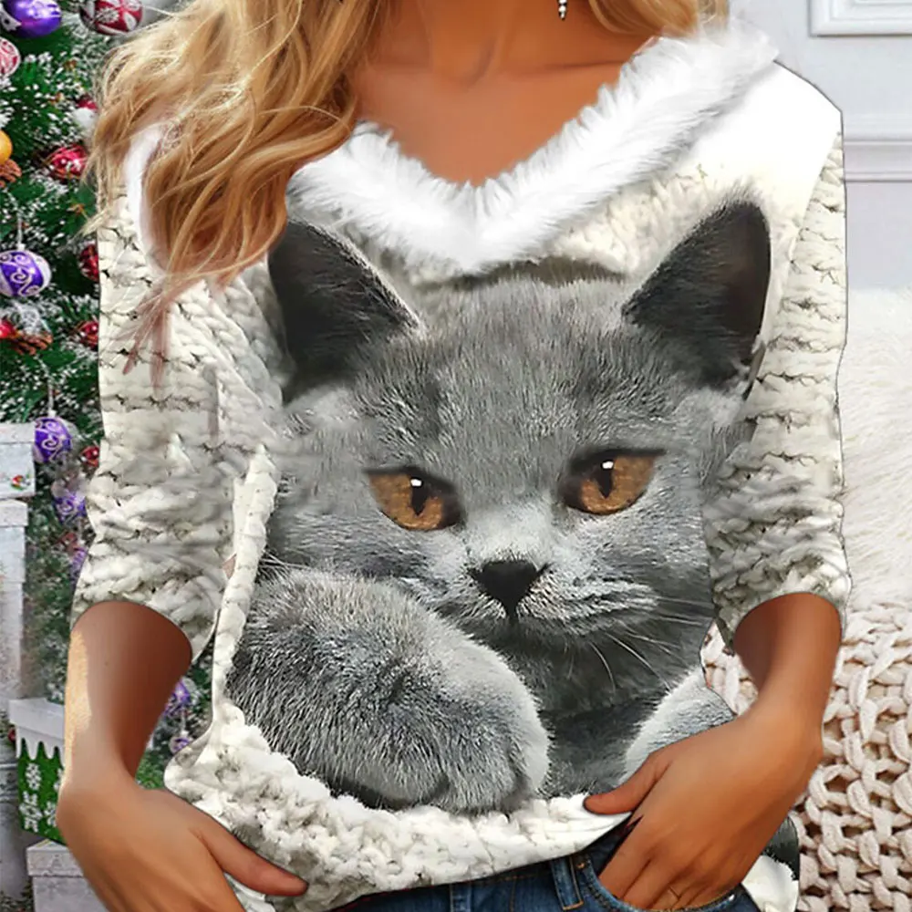 

Y2k Woman Clothes Casual T-Shirts Spring Autumn Cat Pattern Printed V-Neck Long Sleeved Tops Tees Female Streetwear Pulovers