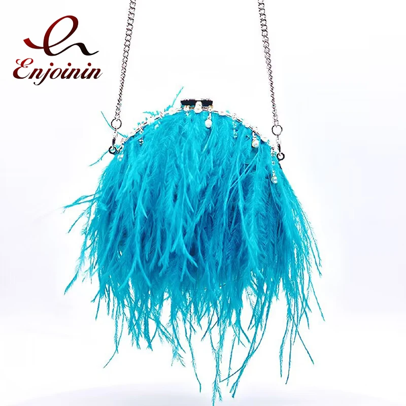 Luxury Ostrich Feather Party Clutch Diamonds Purses and Handbags Round Women Wedding Evening Bag Chic Pearl Strap Shoulder Bag