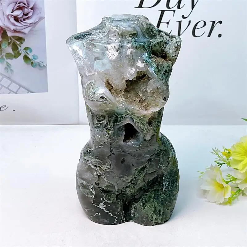 17CM Natural Moss Agate Lady Body Statue Handmade Female Body Carved Crafts Figurine Healing Crystal Ornament Room Decor