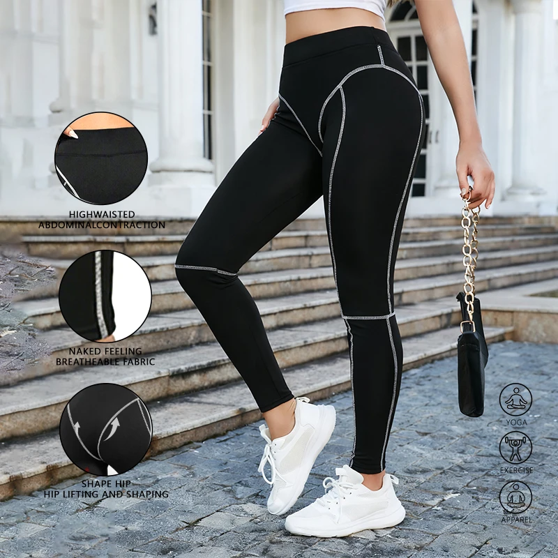 

Women Fleece Lined High Waist Leggings Reflective Stripe Push Up Thermal Stretchy Running Yoga Sports Fitness Pants Black