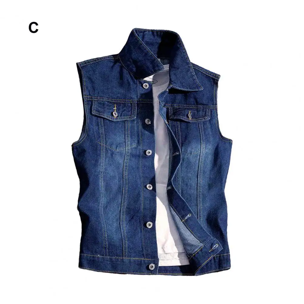 Men Suit Vest Men's Denim Waistcoat with Lapel Ripped Holes Single Breasted Vest Coat with Flap Pockets High Street for Men