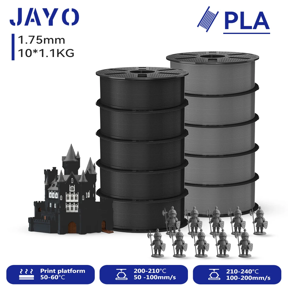 JAYO 10 Rollen 3D PLA Druckerfilament 1,75mm, ungiftig & blasenfrei, PLA-Kunststoff als 3D-Druckfilament für 99% der 3D-FDM-Drucker & -Stifte, 1,1KG/Rolle