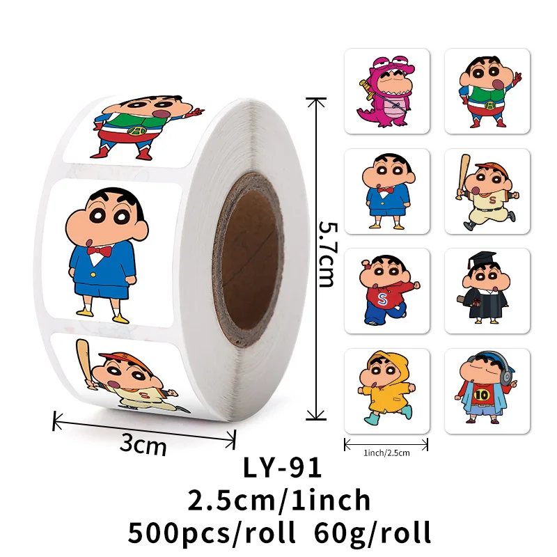 2023 New Crayon Small New Square Sealing Stickers 500PCS/ Roll Coated Paper Self-adhesive Cartoon Children Stickers Wholesale