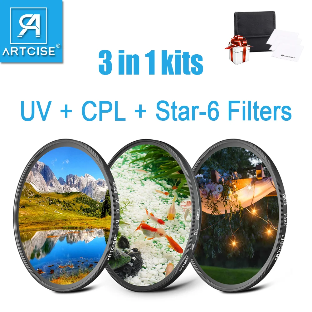 ARTCISE Universal  UV CPL Star-6 3 in 1 Kits Camera Len Filter Set 37 40.5 43 46 49 52 58 62 67 72 77 82mm for DSLR Nikon Sony