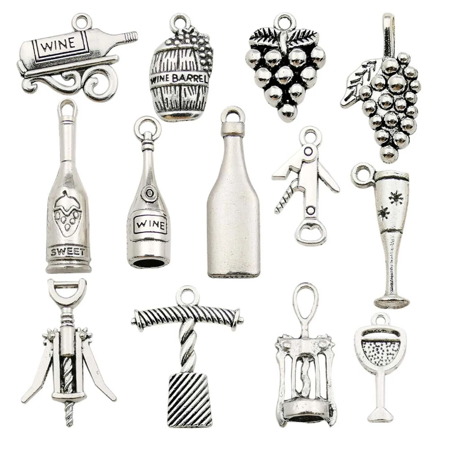 10/13pcs Red Wine Tool Charms Alloy Wine Glasses, Bottle Openers, Grape, Wine Barrel Pendants for DIY Jewelry Making Accessory