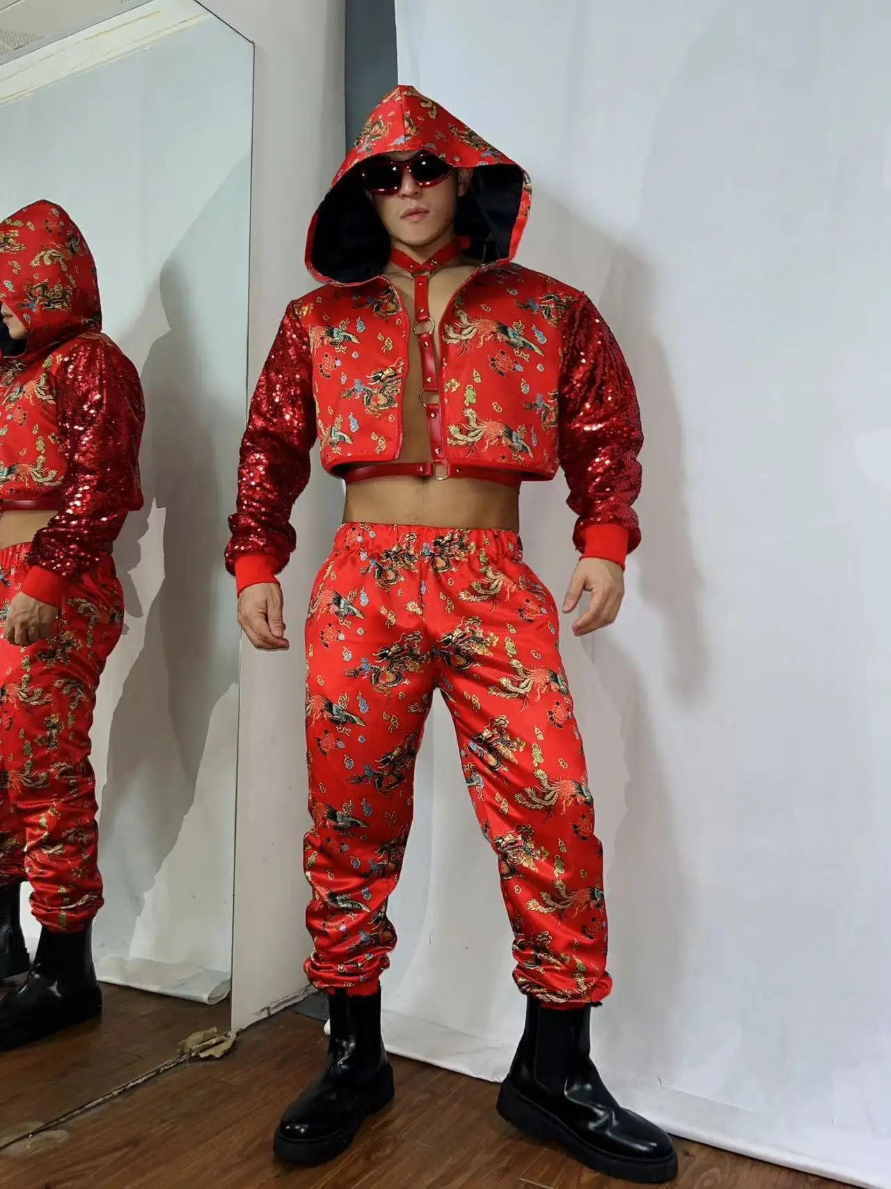 

Chinese Style Festival Costume Men's Red Robe Sports Suits Nightclub Male Singer Dancer Stage Show Gogo Costumes