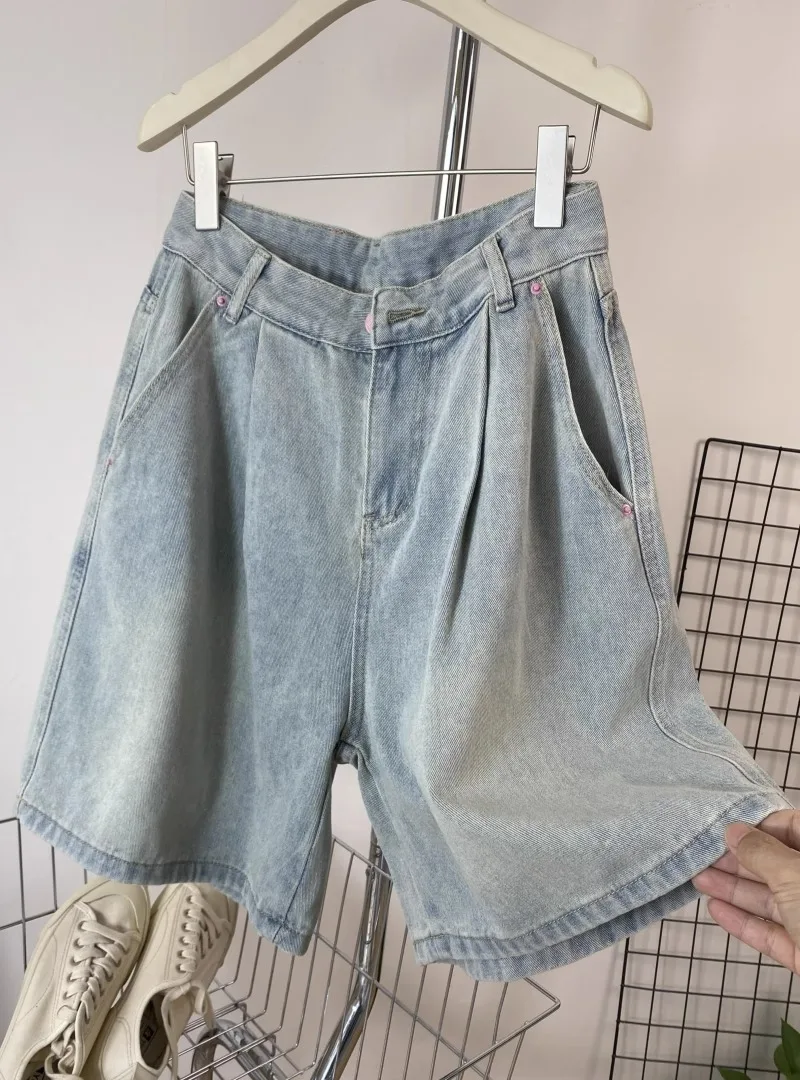 

Повседневные плиссированные джинсовые брюки с высокой талией, женские летние 2022, новые свободные широкие брюки длиной пять четвертей, утягивающие джинсы