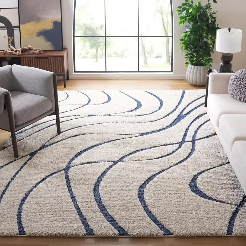 Modern Florida Shag Collection Area Rugs 8'X 10' Cream Blue Non-Shedding 1.2-inch Made Carpet for Living Room Big Cream