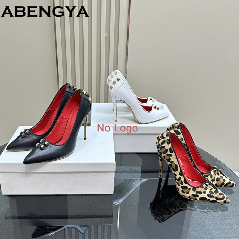 Leopard Print Large Size 43. Women Pumps Rivet Studded Point Toe Party Shoes For Woman Spring High Heel Gladiator Shoes Ladies