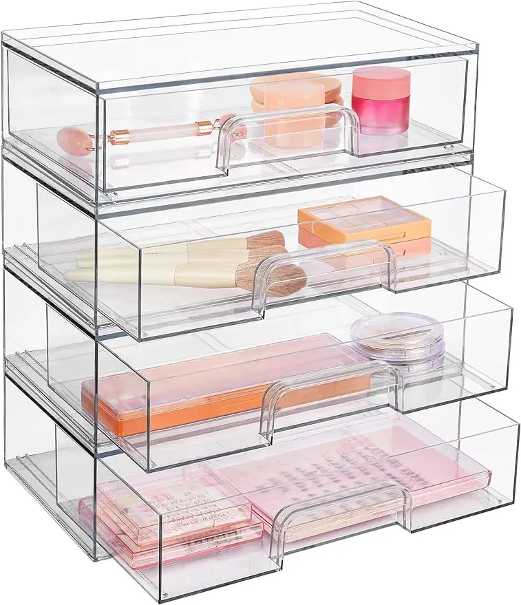 

12''W Stackable Storage Drawers 4 Pack Clear Plastic Organizers Bins for Makeup Palettes Cosmetics and Beauty Supplies