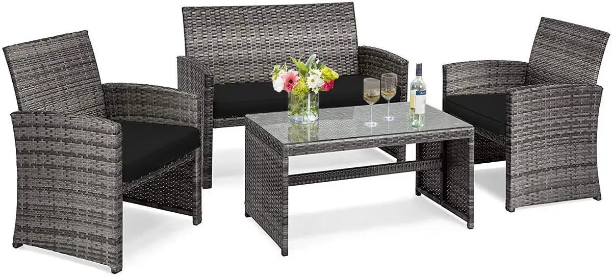 

4 PCS Wicker Patio Conversation Set, Outdoor Rattan Sofas, Patio Furniture Set with Soft Cushions & Tempered Glass Coffee Table