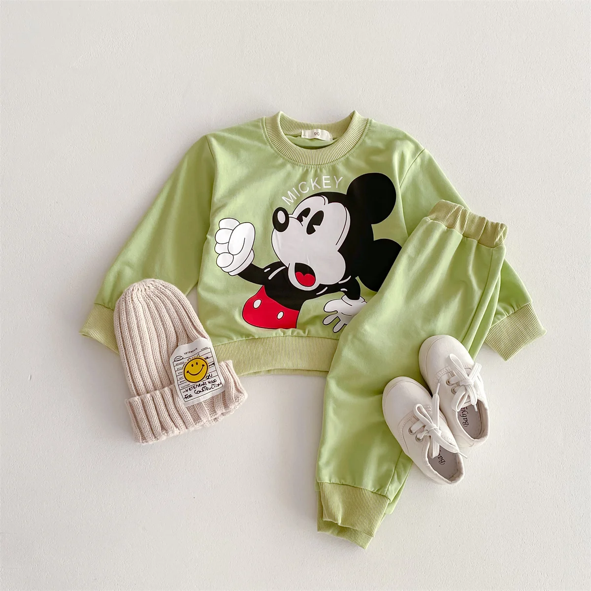 Disney Mickey Children\' Tracksuit Cartoon Fashion Loose Baby Girl Boy Long Sleeve Crewneck Hoodies + Pants Two Piece Set Clothes