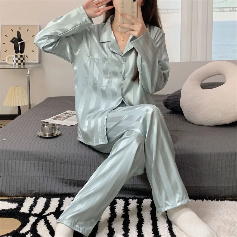 

French Smooth Pajamas for Women New Spring and Autumn Sleepwear Long Sleeve Trousers Suit Solid Color Striped luxury Nightwear